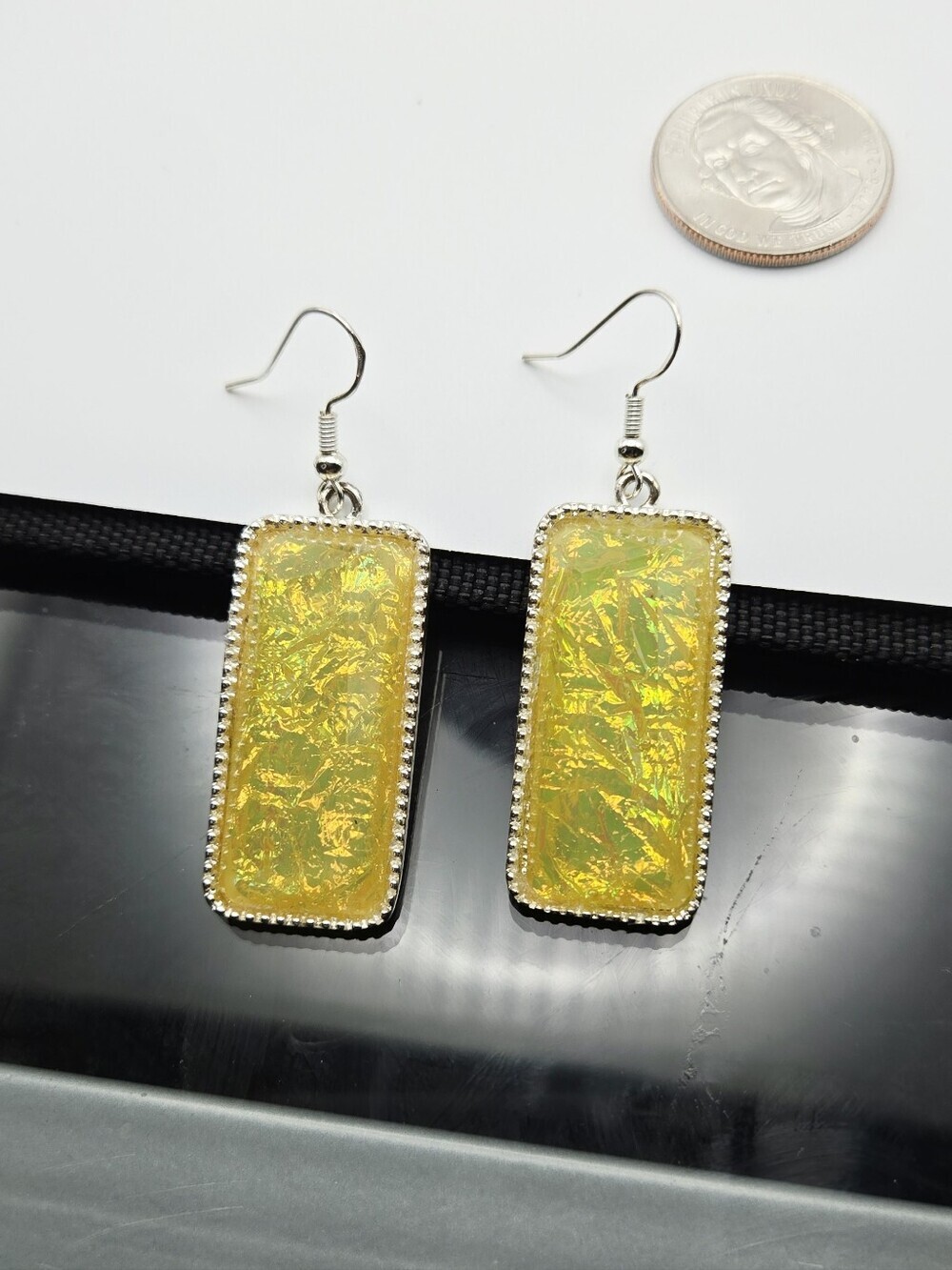 Yellow Iridescent Rectangle Drop Earrings With 925 Stering Hooks - Picture 3 of 14